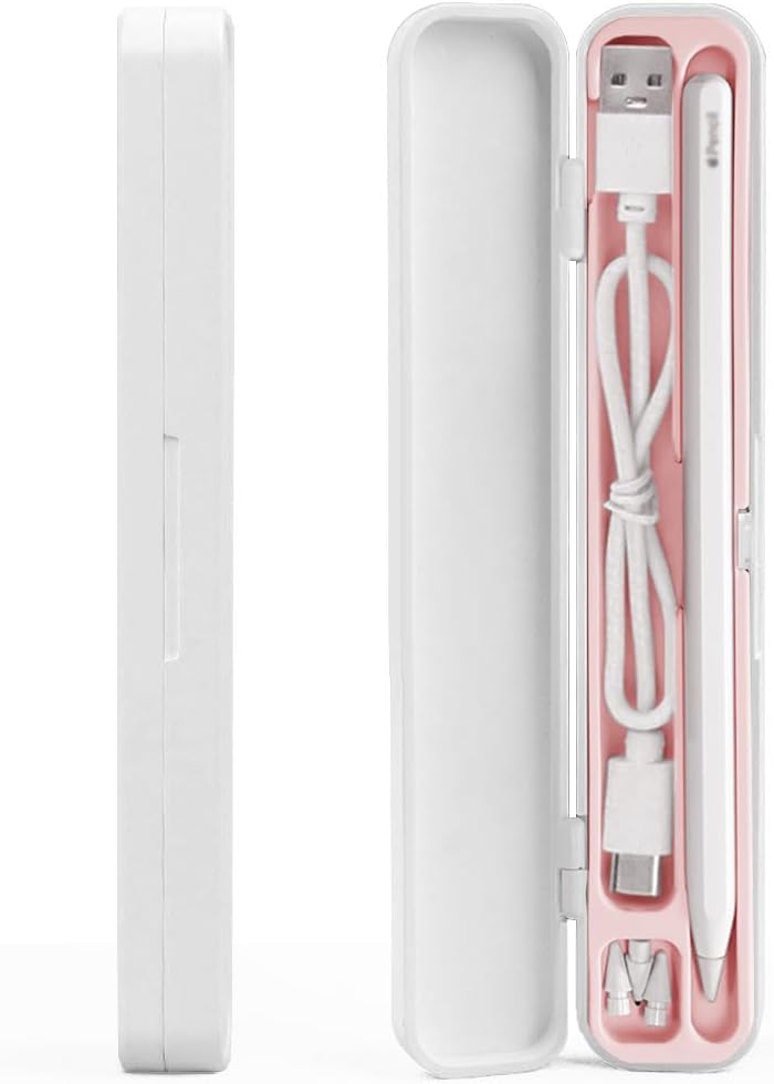 SIXFU Case for Apple Pencil, Storage Case Design for Apple Pen 2nd/ 1st, iPad Pencil Accessories Charging Cable Case for Stylus Pen(White+Pink) - Image 1
